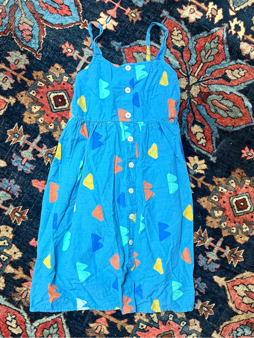 Bobo Choses Blue Button-Front Summer Dress with Colorful Geometric Shapes